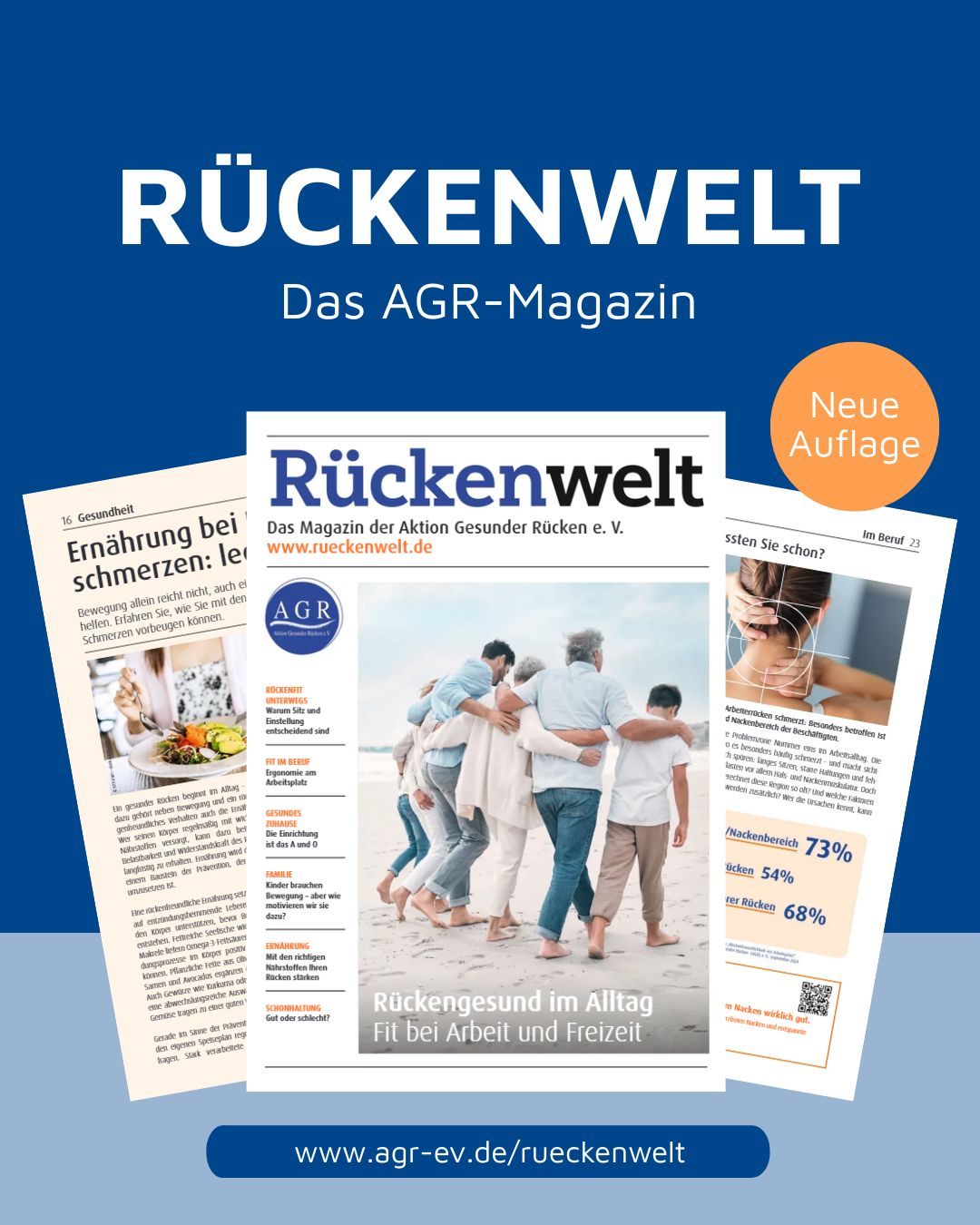 Führt zu Blätterkatalog Rückenwelt. Titelseite des AGR-Magazins Rückenwelt mit neuer Auflage und Themen rund um Rückengesundheit im Alltag, Führt zu Blätterkatalog Rückenwelt.